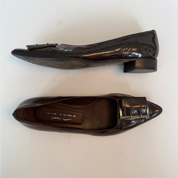 Shoes - Via Roma Khaki Patent Leather Buckle Flats, Made in Italy